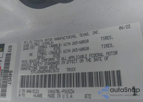 2022 Toyota Tundra Sr5 z USA, uszkodzony, nr VIN 5TFLA5AB5NX013672